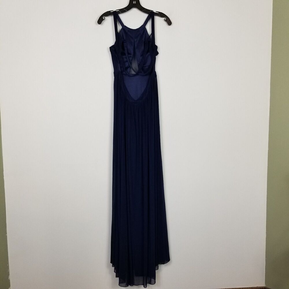 La Femme Women Keyhole Elegant Formal Gown Sz 4 Navy Chiffon Open Back Event - Picture 5 of 8